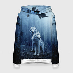 Толстовка-худи женская Волки в тёмном лесу, цвет: 3D-белый