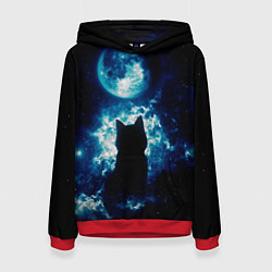 Толстовка-худи женская Кот силуэт луна ночь звезды, цвет: 3D-красный
