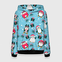 Толстовка-худи женская Новогодние Пингвины, цвет: 3D-черный