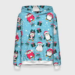 Толстовка-худи женская Новогодние Пингвины цвета 3D-белый — фото 1