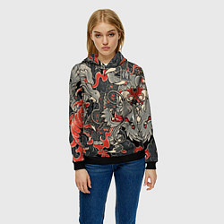 Толстовка-худи женская Самурай Якудза, драконы, цвет: 3D-черный — фото 2
