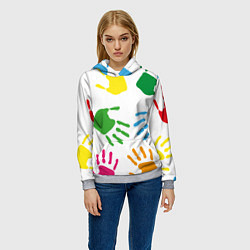 Толстовка-худи женская Цветные ладошки - Детский узор, цвет: 3D-меланж — фото 2