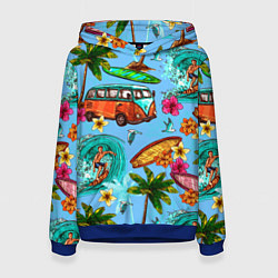 Толстовка-худи женская Пальмы, волны, серфинг, цвет: 3D-синий