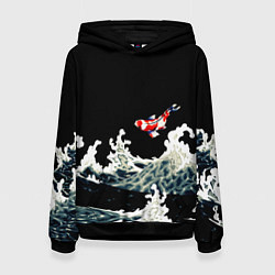 Толстовка-худи женская Карп Кои Волна Япония Рыба, цвет: 3D-черный