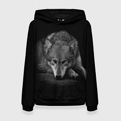 Толстовка-худи женская Волк, на черном фоне, цвет: 3D-черный