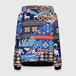 Толстовка-худи женская НОВОГОДНИЙ УЗОР ОЛЕНИ И МЕДВЕДИ НОВЫЙ ГОД 2022, цвет: 3D-черный