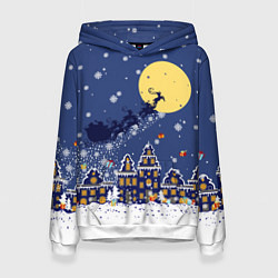 Толстовка-худи женская Санта Клаус на оленях в небе, цвет: 3D-белый