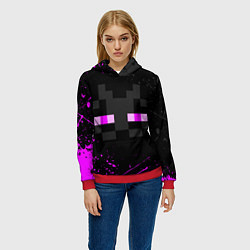 Толстовка-худи женская MINECRAFT ЭНДЕРМЕН ЛИЦО, БРЫЗГИ КРАСОК, цвет: 3D-красный — фото 2