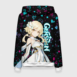 Толстовка-худи женская ГЕНШИН ИМПАКТ ЛЮМИН, НЕОНОВЫЕ СЕРДЕЧКИ, цвет: 3D-белый