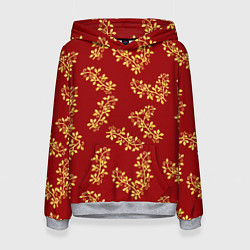 Толстовка-худи женская Золотые веточки на ярко красном фоне, цвет: 3D-меланж