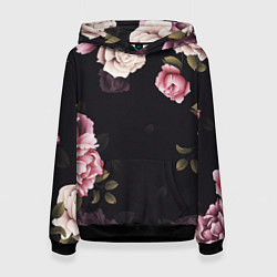 Толстовка-худи женская РОЗЫ И ПИОНЫ, цвет: 3D-черный