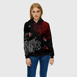 Толстовка-худи женская Китайский дракон Красно - Белый, цвет: 3D-черный — фото 2