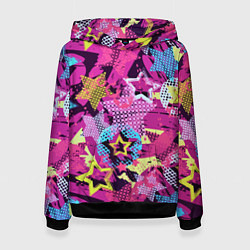 Толстовка-худи женская Star Colorful Pattern Fashion Neon, цвет: 3D-черный