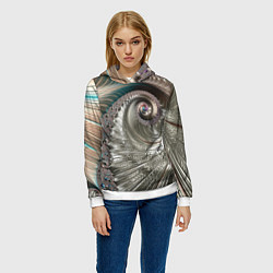 Толстовка-худи женская Fractal pattern Spiral Серебристый фрактал спираль, цвет: 3D-белый — фото 2