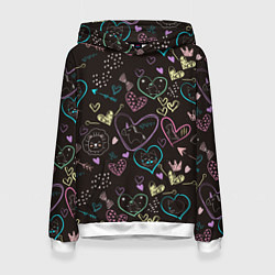 Толстовка-худи женская Паттерн милые животные и сердечки, цвет: 3D-белый