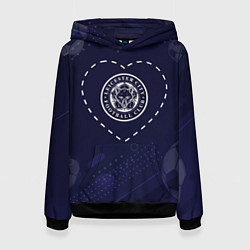 Толстовка-худи женская Лого Leicester City в сердечке на фоне мячей, цвет: 3D-черный