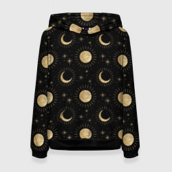 Толстовка-худи женская Солнце луна звезды ночное небо космос астрономия, цвет: 3D-черный