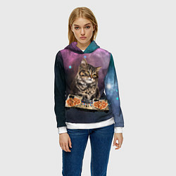 Толстовка-худи женская Космический котёнок диджей Space DJ Cat, цвет: 3D-белый — фото 2