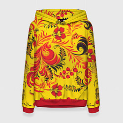 Толстовка-худи женская Хохломская Роспись Цветы, цвет: 3D-красный