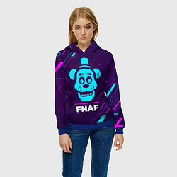Толстовка-худи женская Символ FNAF в неоновых цветах на темном фоне, цвет: 3D-синий — фото 2