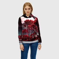 Толстовка-худи женская Абстрактные красные деревья и облака, цвет: 3D-меланж — фото 2