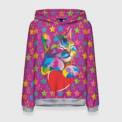 Толстовка-худи женская Сердечный котик в поп-арте, цвет: 3D-меланж
