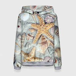 Толстовка-худи женская Морские звёзды и ракушки на океанском песке, цвет: 3D-меланж