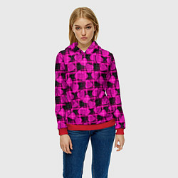 Толстовка-худи женская Black and pink hearts pattern on checkered, цвет: 3D-красный — фото 2
