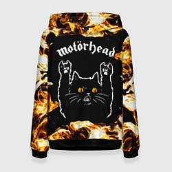 Толстовка-худи женская Motorhead рок кот и огонь, цвет: 3D-черный