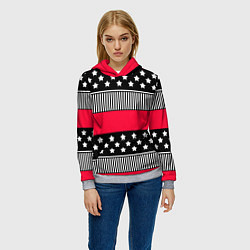 Толстовка-худи женская Red and black pattern with stripes and stars, цвет: 3D-меланж — фото 2