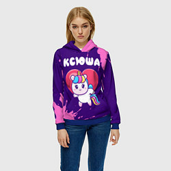 Толстовка-худи женская Ксюша единорог с сердечком, цвет: 3D-синий — фото 2