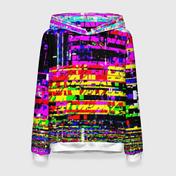 Толстовка-худи женская Яркий пиксельный красочный глитч, цвет: 3D-белый