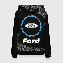 Толстовка-худи женская Ford в стиле Top Gear со следами шин на фоне, цвет: 3D-черный