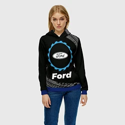 Толстовка-худи женская Ford в стиле Top Gear со следами шин на фоне, цвет: 3D-синий — фото 2