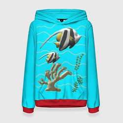 Толстовка-худи женская Подводный мир рыбки кораллы, цвет: 3D-красный