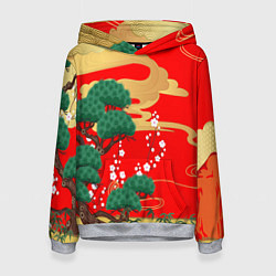 Толстовка-худи женская Японский пейзаж на красном, цвет: 3D-меланж