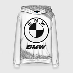 Толстовка-худи женская BMW speed на светлом фоне со следами шин, цвет: 3D-белый