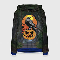 Толстовка-худи женская Ворон, сидящий на тыкве - Halloween, цвет: 3D-синий