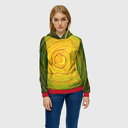 Толстовка-худи женская Желто-зеленая текстурная абстракция акрилом, цвет: 3D-красный — фото 2
