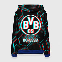 Толстовка-худи женская Borussia FC в стиле glitch на темном фоне, цвет: 3D-синий