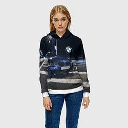 Толстовка-худи женская BMW на ночной трассе, цвет: 3D-белый — фото 2