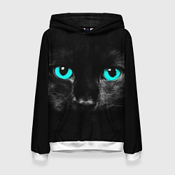 Толстовка-худи женская Чёрный кот с бирюзовыми глазами, цвет: 3D-белый