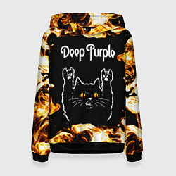 Толстовка-худи женская Deep Purple рок кот и огонь, цвет: 3D-черный