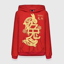 Толстовка-худи женская Red rabbits, happy chinese new year, цвет: 3D-красный