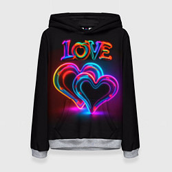 Толстовка-худи женская Love - неоновые сердца, цвет: 3D-меланж