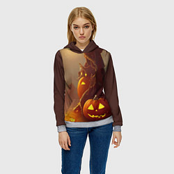 Толстовка-худи женская Жуткое дерево и улыбающаяся тыква на Хэллоуин, цвет: 3D-меланж — фото 2