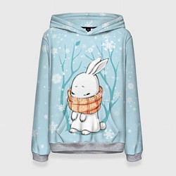 Толстовка-худи женская Кролик в снеженом лесу, цвет: 3D-меланж