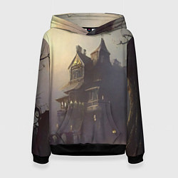 Толстовка-худи женская Хэллоуин, дом с привидениями и полная луна, цвет: 3D-черный