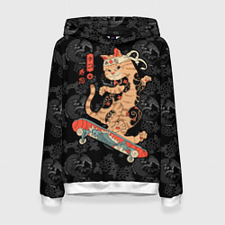 Толстовка-худи женская Кот самурай на скейтборде, цвет: 3D-белый