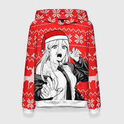 Толстовка-худи женская Новогодняя Пауэр: Человек-бензопила, цвет: 3D-белый